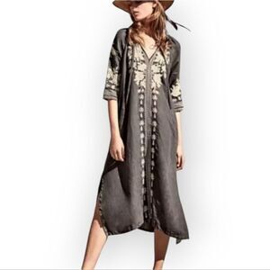 Johnny Was 100% Linen Gray and Cream Embroidered Midi Dress SZ S